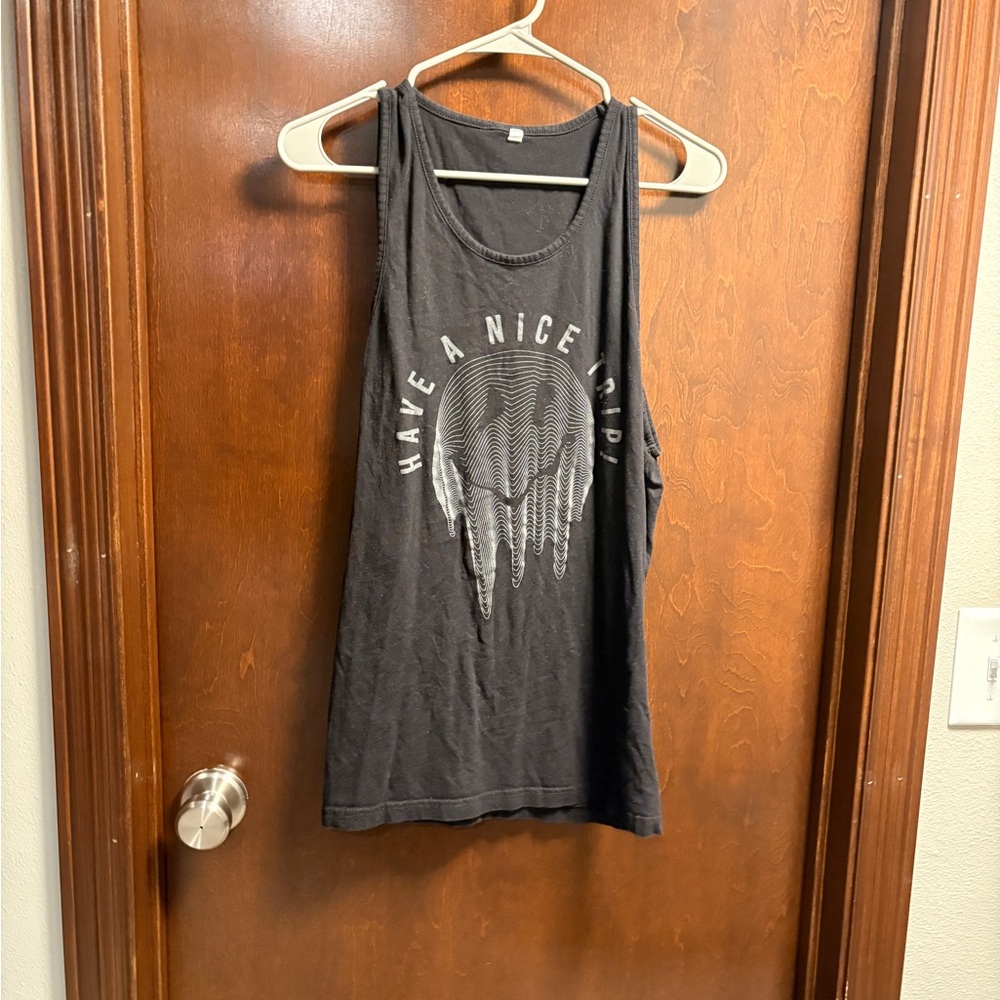 Have A Nice Trip Skull Graphic Tee - Black with White Print - Picture 2 of 5